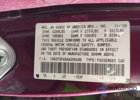 2010 Honda Accord 2.4 Lx-P from USA, damaged, VIN 1HGCP2F49AA056496